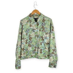 Statements Green Brown Leaf Floral Linen Lightweight Jacket‎ Size Large Tropical